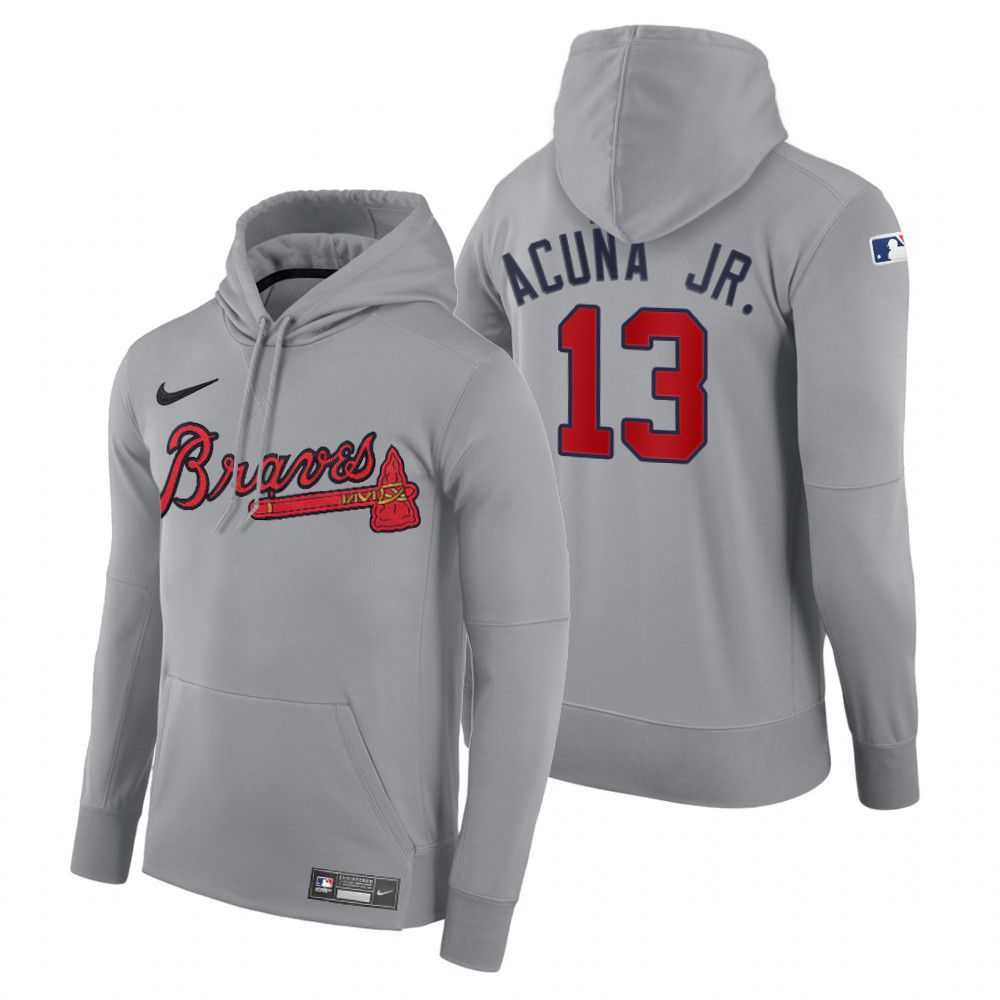 Men Atlanta Braves 13 Acuna jr gray road hoodie 2021 MLB Nike Jerseys